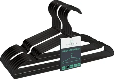 Produktbild von 10x Parusia Kleiderbügel schwarz,  42cm breit, 1cm stark, Kleiderbügel Metall rostfrei, formstabil, zur platzsparenden Kleideraufbewahrung & Organisation von Kleiderschrank, Kleiderständer