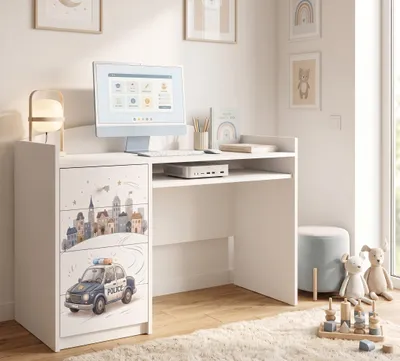 Produktbild von Jugendschreibtisch Weiß 125x60 cm für Kinder Teenager, Schülerschreibtisch mit Motiv, Basteltisch Kindermöbel viel Stauraum, KI-generiertes Bild