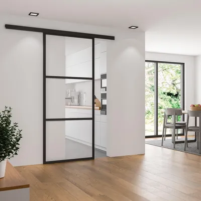Schiebetür aus Glas mit schwarzem Rahmen in modernem, hellen Wohnraum