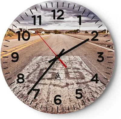 Produktbild von Wanduhr - Rund - Glasuhr - USA Route 66 Reise - 30x30cm - Schleichendes Uhrwerk - Lautlos - zum Aufhängen bereit - Dekoration Modern - Wanddekoration aus Glas - C4AR30x30-2712
