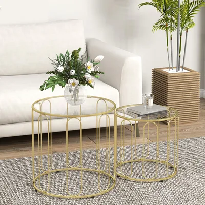 Produktbild von Couchtisch 2er Set rund Glas & Metall, Satztisch Kaffeetisch ineinanderstellbar, Goldfarben | 50x50x50 cm | 8 kg | justierbare Fußpads