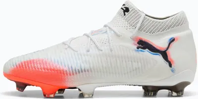A side view of a white Puma Future 8 Ultimate FG soccer cleat with red and blue accents.