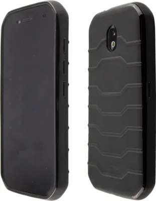 Two views of a black smartphone case.