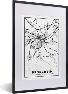 Produktbild von MuchoWow® Gerahmtes Poster Karte - Pforzheim - Karte - Stadtplan 40x60 cm - Poster mit Schwarzem Bilderrahmen Wandposter Rahmen Foto Bilder - Poster in Rahmen