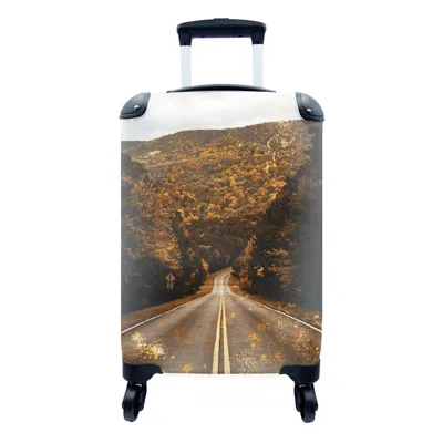 Produktbild von MuchoWow® Koffer Handgepäck Trolley Rollkoffer Kleine Reisekoffer mit 4 Rollen - Gold - Straße - Bäume - Cabin Size < 55x40x23 cm & 55x40x20 cm - Fotokoffer - Kabinenkoffer - Boardgepäck - Reise-Box - Reisekoffer - Reisegepäck - Koffer mit Bild - Trolley für Kinder