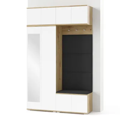 Produktbild von Garderoben-Set Aura Version 3:Kleiderschrank mit Polsterpaneelen, Schuhschrank, Hängeschrank Eingangsbereich (weiß/Artisan-Eiche /Trinity 16)