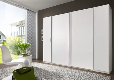 Produktbild von Dreh-/Schwebetürenschrank "Lotto" in WEISS mit 4 Türen und 10 Einlegeböden. Abmessungen (BxH) 316x210 cm