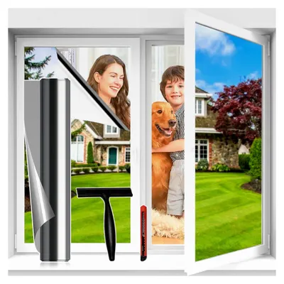 Produktbild von Fensterfolie Spiegelfolie von außen blickdicht, von innen durchsichtig, 44,5 x 200 cm, Hitzeschutzfolie, Anti-UV, selbstklebend, für Privatsphäre, Verdunklungsfolie, Silber