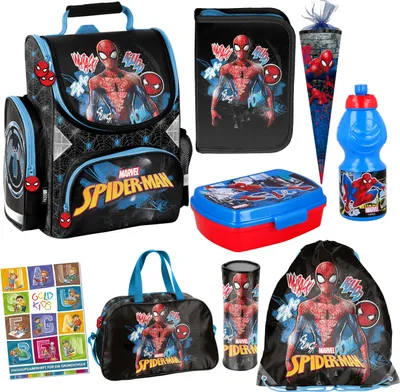 Produktbild von Spiderman Schulranzen ergonomischer Ranzen Federmappe Trinkflasche Aufgabenheft für die Grundschule 9er Set Lizenzartikel Marvel Spiderman Spider-man