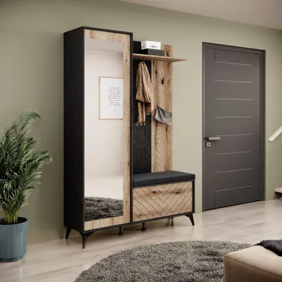 Produktbild von Garderobe-Set DIAMOND mit Sitzkissen mit Spiegiel Schuhschrank Kleiderhänger Schwarz / Evoke Eiche