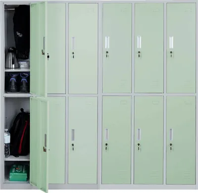 A row of metal lockers, some open, showing contents.