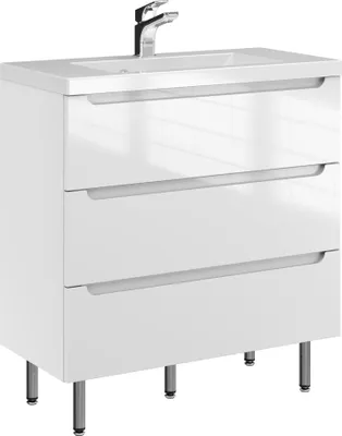Produktbild von FURNI Waschtischunterschrank ETH 80 - Weiß Hochglanz - Stehender Badschrank mit Mineralguss-Waschbecken - Griffmulden - Vormontiert