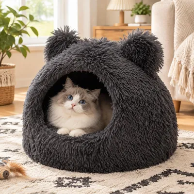 Katzenbett Höhle 48 cm Plüsch waschbar dunkelgrau