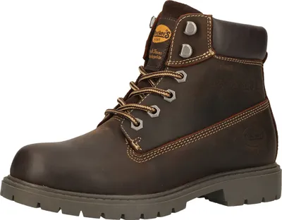 A single brown leather boot is shown against a white background.