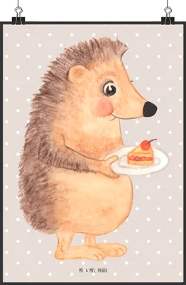 Produktbild von Mr. & Mrs. Panda Bild Igel Kuchenstück DIN A2 - Beige Pastell - Geschenk, Plakat, Geburtstagskuchen, Lustige Sprüche, Kunstdruck, Kuchen, Essen Spruch, Backen, wanddeko
