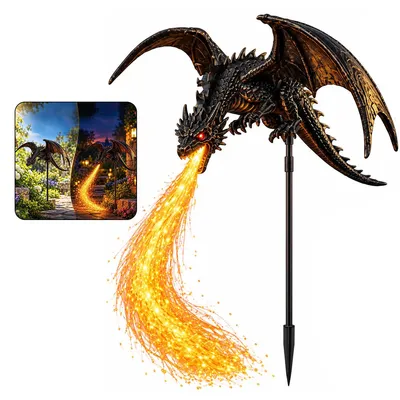 Produktbild von Solar Drachen Gartenleuchte mit LED-Flammeneffekt, dekorative Drachenfigur für Garten, Terrasse und Rasen, automatische Dämmerungsschaltung
