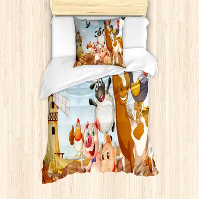 Produktbild von ABAKUHAUS Tier Bettbezug Set, Illustration von Tieren in einem Bauernhof mit bewölktem Himmel und Windmühle-Druck Art, 135 x 200 cm + 80 x 80 cm, Hellblau und Braun