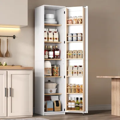 Produktbild von MODFU Hochschrank 40x40x183 cm Küchenschrank mit Türablagen, schmaler Aufbewahrungsschrank mit verstellbaren Einlegeböden,Weiß