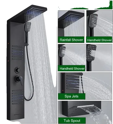Zdjęcie produktu dla System prysznicowy, oświetlenie LED, dysze masujące, 6004 matowa czerń