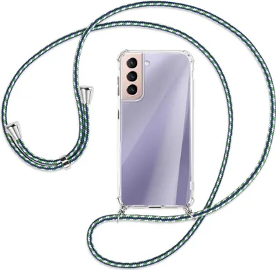 Produktbild von Handykette Backcover-Schutzhülle mit Band (Metall silberfarben) für Samsung Galaxy S21 5G - grün/blau/weiß