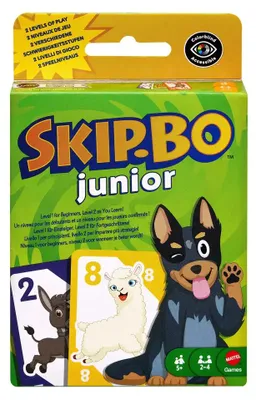 Produktbild von Mattel Games Skip Bo Junior Kartenspiel mit 2 Spielniveaus bei der Zahlenzuordnung, für 2 bis 4 Spieler ab 5 Jahren, Kartenspiel, 3 Jahr(e), Familienspiel