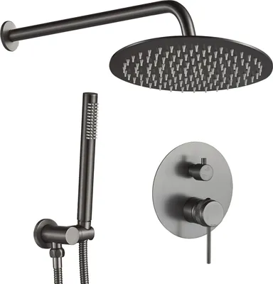 A shower set consisting of a rain shower head, a handheld shower head, and a concealed shower valve.
