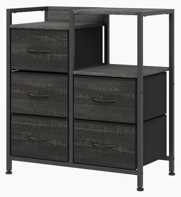 Image de Armoire de classement mobile - Rangement mobile pour bureau - 5 tiroirs - Compartiment de rangement ouvert - Système de suspension latérale pour dossiers - Housse en tissu - Noir