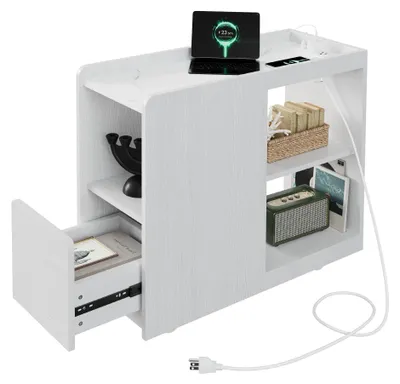 Produktbild von Schmaler Beistelltisch/Sofatisch mit Ladestation - Rollbar - Mit Schublade - Ablageböden - Holz - Weiß