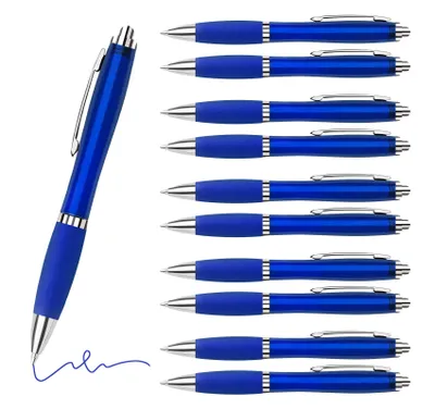 Produktbild von 10 Stück ergonomische Kugelschreiber, Blau Druckkugelschreiber mit blauer Tinte, rutschfester Weichgummizone Großraummine, 1,0 mm Strichstärke