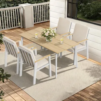 Produktbild von RICHLY Gartenlounge-Set Aluminium Gartenmöbelset (Garten Essgruppe für 4 Personen, 5-tlg., 4 x Sessel, 1 x Esstisch), wetterfestes Loungeset, Beige