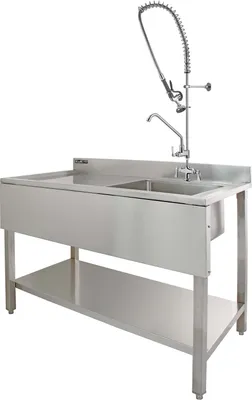 Zdjęcie produktu dla KuKoo Gastro Profi – zlewozmywak ze stali nierdzewnej, zlewozmywak gastronomiczny, zlewozmywak, umywalka, półka ociekowa, lewy, 120 cm (dł.) x 60 cm (szer.) x 105 cm (wys.), z prysznicem do naczyń, baterią i półką, stal nierdzewna