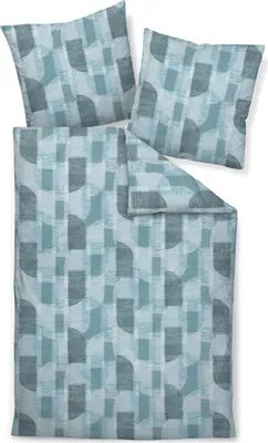 A bedding set with two pillowcases and a duvet cover, laid out flat on a white background.