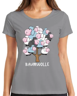Produktbild von Baumwolle Schafbaum Cartoon Baumwollbaum Schafe Bauernhof Humor Damen T-Shirt, Grau, S