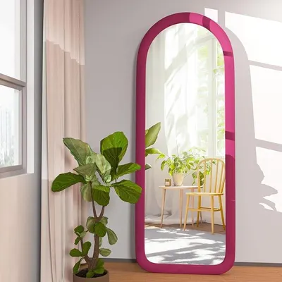 Imagen del producto de Espejo de cuerpo entero, 142,2 x 50,8 cm, espejo de pie con base curva, espejo curvo de cuerpo entero, de pie, para colgar o apoyar contra la pared, ideal para dormitorios, con marco revestido de flanela