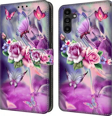 Produktbild von CLM-Tech Hülle kompatibel mit Samsung Galaxy A14 5G - Tasche aus Kunstleder - Klapphülle mit Ständer und Kartenfächern, lila Blumen Schmetterlinge