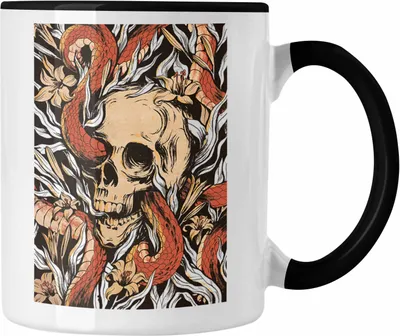 Produktbild von Trendation - Totenkopf Tasse Kaffee Frauen Mädchen Männer Tattoo Geschenk Damen Idee Grafik (Schwarz)