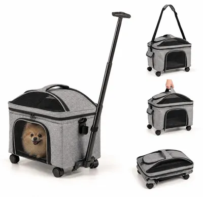 Produktbild von KOMFOTTEU Faltbare Transportbox Katze mit Rädern, Katzentransportbox mit Teleskopgriff, Tragegriff & Schultergurt, Hundetransporter für Katzen & kleine Hunde, bis 15 kg