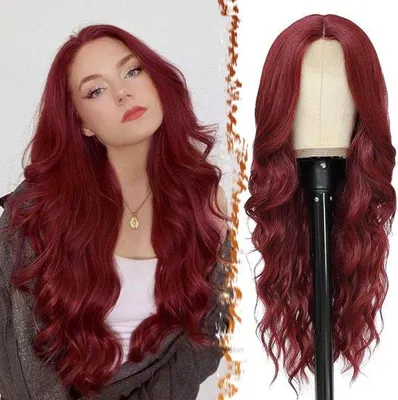 Obrázok produktu pre Červená dlhá kučeravá vlnitá parochňa z konfekcie s rozdelením uprostred, 66 cm, odolná voči teplu, syntetické vlasy, pre ženy, červený slávnostný účes