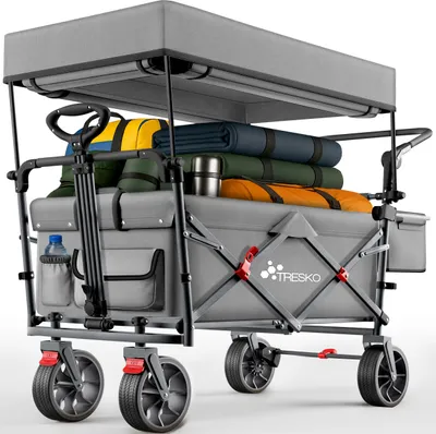 Produktbild von TRESKO® Bollerwagen Faltbar mit Dach Grau, Kühlfach & Seitenrollos | Handwagen max. belastbar bis 150kg | Transportwagen mit Vollgummireifen & Feststellbremsen (Vorne & Hinten) und 3-Punkt-Gurt