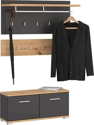 A set of hallway furniture including a coat rack and shoe bench, displayed against a white background.
