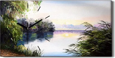 Produktbild von Dekor Leinwand Uhr Wandbilder 60x30 Gemälde See Bäume Himmel Sonnenuntergang - schwarze Hände