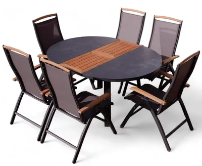 Produktbild von ALEOS. Gartengarnitur Gartenset Aluminium TEAK Set mit rundem Ausziehtisch 120cm auf 160cm ausziehbar + 6 Hochlehner anthrazit Trinidad