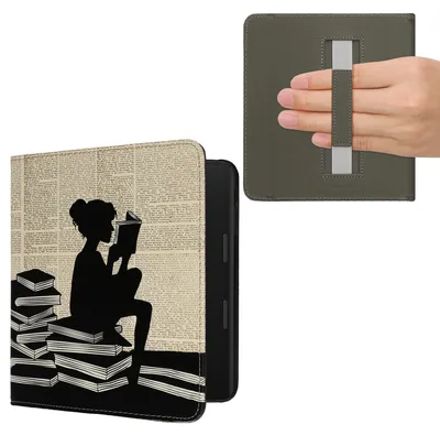 Produktbild von kwmobile Schutzhülle für Tolino Epos 3 Hülle - eReader Flip Case mit Handschlaufe und Auto Sleep Funktion - Lesende Frau mit Schwarz Beige