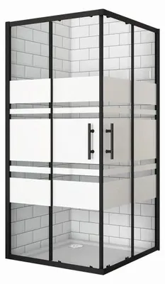 Produktbild von AICA Eckeinstieg 80x80x195cm 6mm ESG Schwarz mit Blickdichten Weißen Querstreifen  Schiebetür eckdusche Pendeltür Duschkabine Duschabtrennung