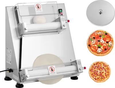 A pizza dough roller machine is shown along with two pizzas and a lid.