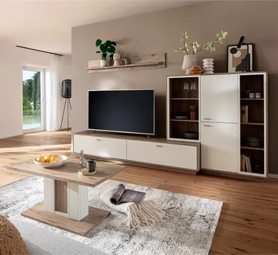 Produktbild von Wohnwand in Eiche und weiß modern mit Couchtisch, 4-teilig - SAGUNTO-05