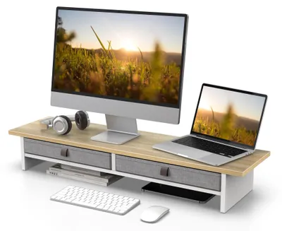 Zdjęcie produktu dla Podwójny uchwyt na monitor - Podstawka z szufladą na biurko