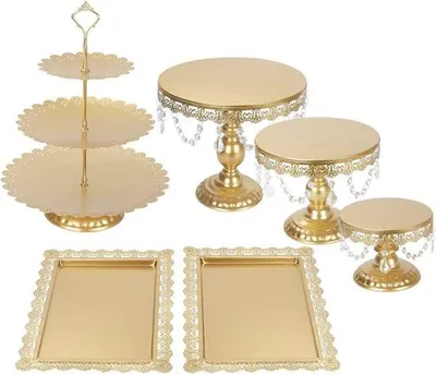 Image de Présentoir à desserts rond en métal avec cristaux, 3 étages, style vintage, pour les fêtes et les mariages (doré), lot de 6