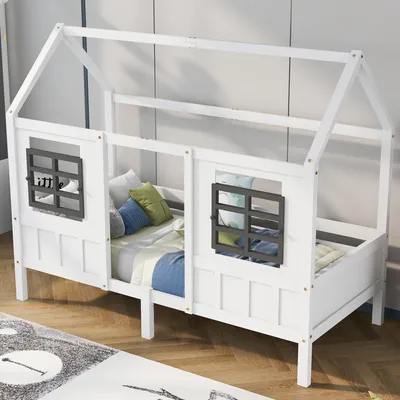 Zdjęcie produktu dla Bezpieczne i stylowe łóżko dziecięce z podwójnymi oknami, białe, sosna i MDF, 200x90cm