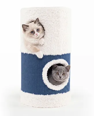 Produktbild von Katzenhaus, Katzentonne, Katzenhöhle, 2-stöckig, Kratzbrett, Katzentunnel, Hauskatzen, 35x35x66 cm,Weiß + Blau